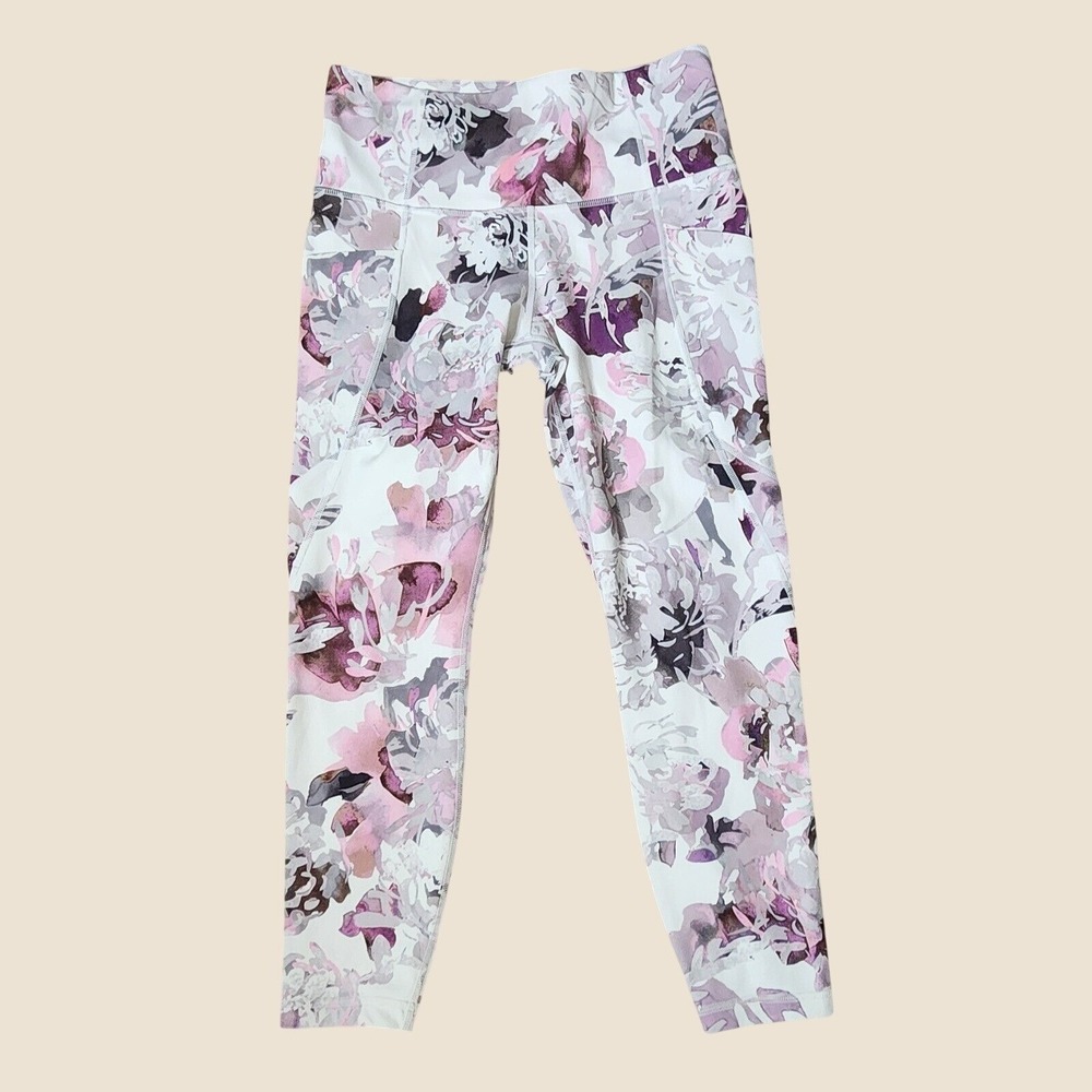 ATHLETA Salutation Stash Pocket Legging 7/8‎ Purple Floral Yoga Gym Active SP